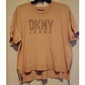 Womens DKNY Jeans Short Sleeve Sweater Size 1X 2X Peach Pink Micro Studs NWT